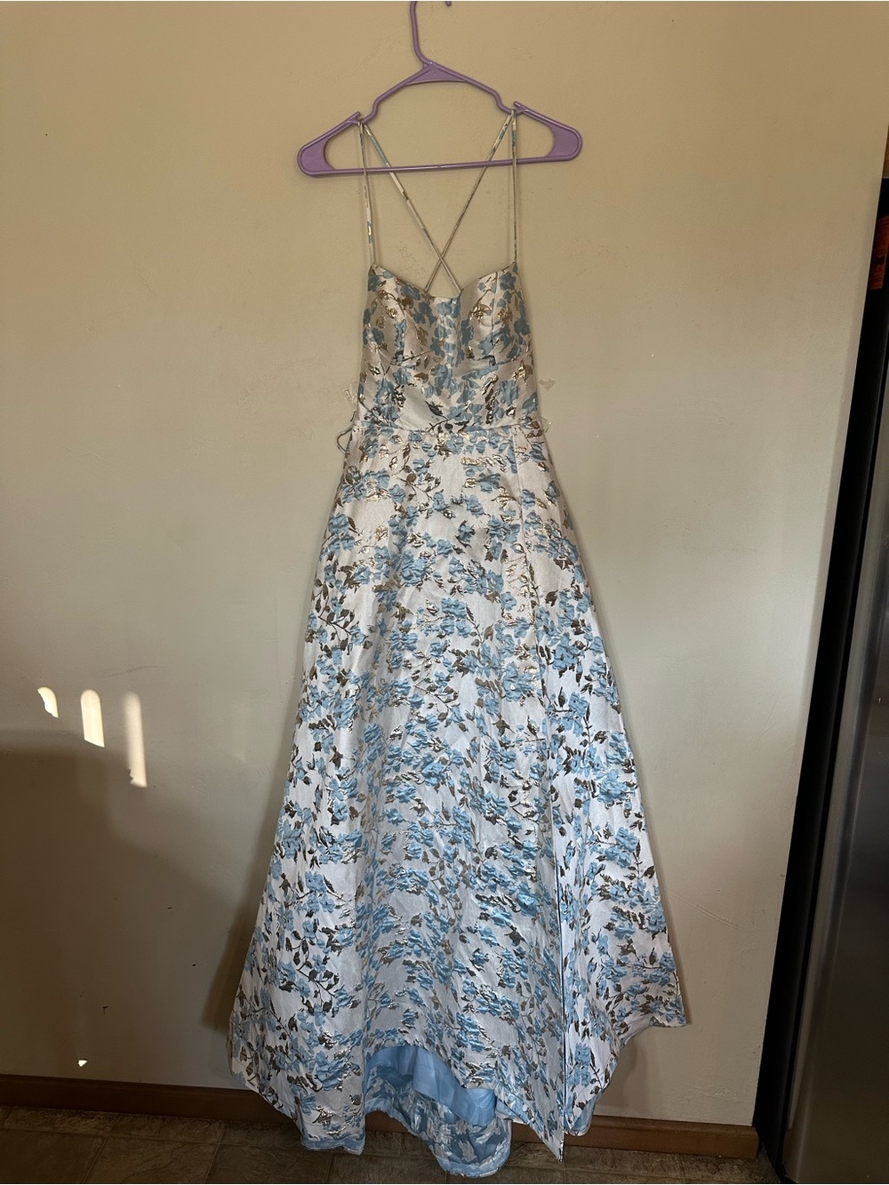 B. Smart Blue and White Floral Long Sleeve Evening Gown - Picture 2 of 6